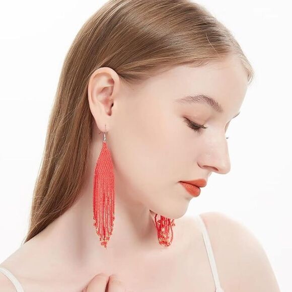 Red Bohemian Seed Bead Tassel Dangling Statement French Wire Hook Earrings - Picture 8 of 8